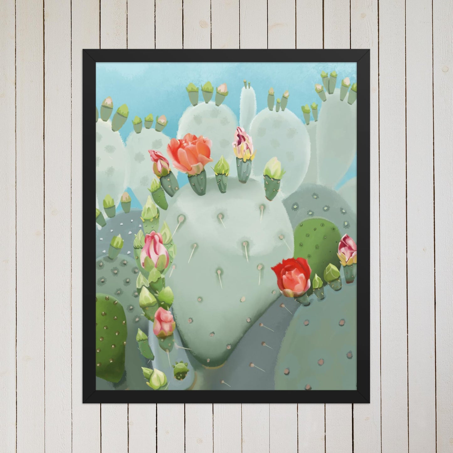 Cactus Bloom Wall Art – Hand Painted Prickly Pear with Desert Flowers