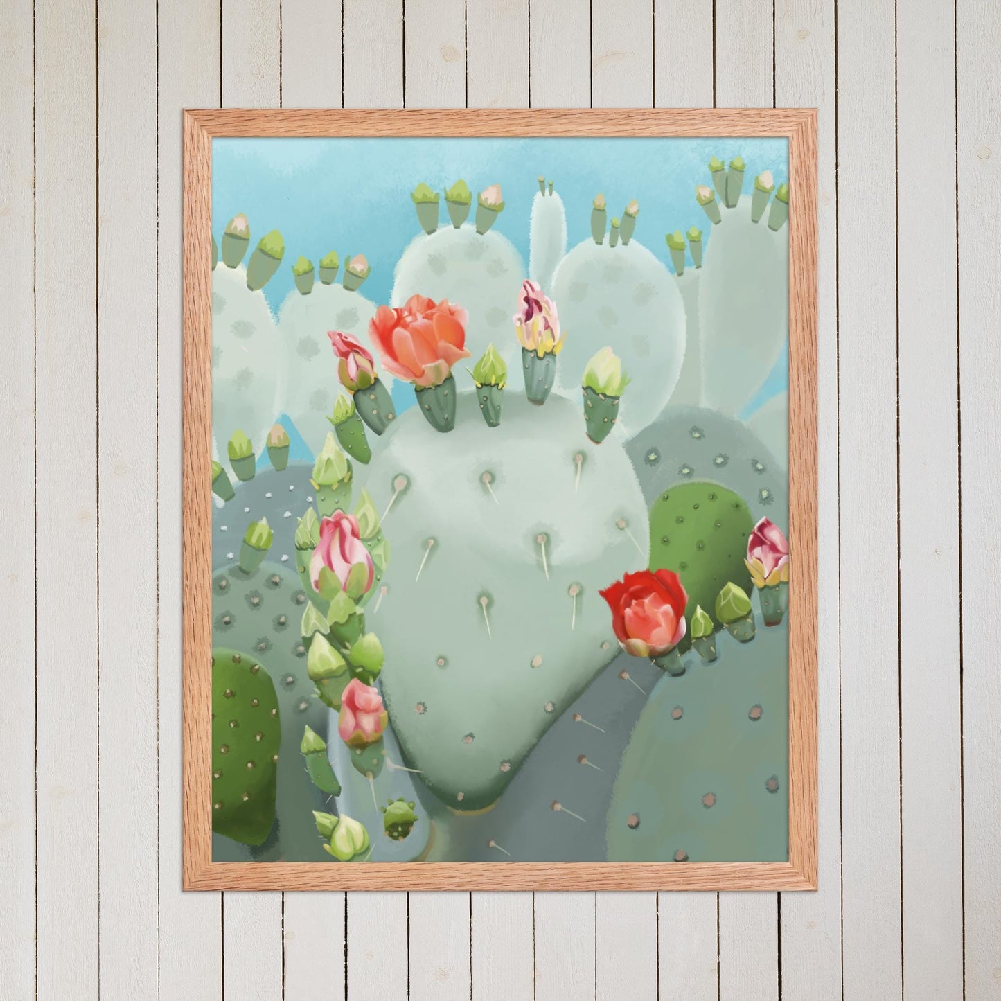 Cactus Bloom Wall Art – Hand Painted Prickly Pear with Desert Flowers