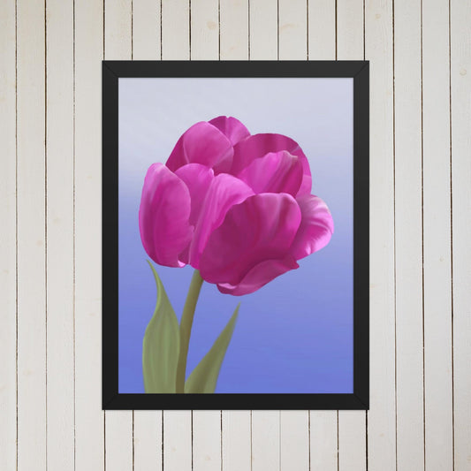 Fuchsia Tulip Art Print: Hand-Painted Botanical Illustration on Blue
