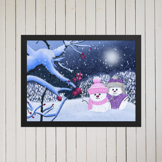 Snowman Winter Night Art Print: Whimsical Holiday Decor