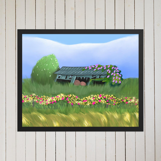 Countryside Barn Landscape Poster: Lilacs, Florals, Rustic Fence