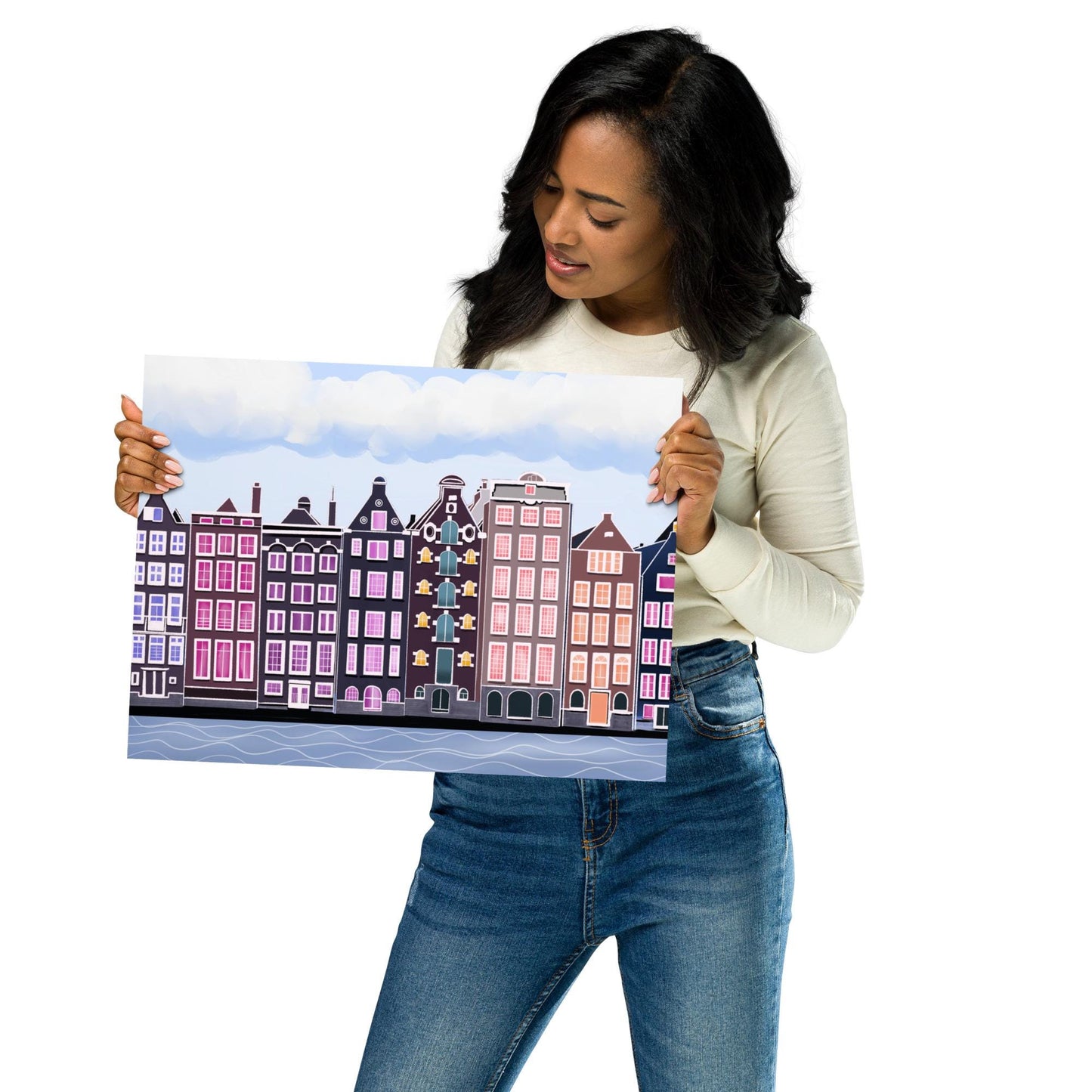 Amsterdam Canal Houses Print: Colorful Cityscape Illustration, Travel Decor