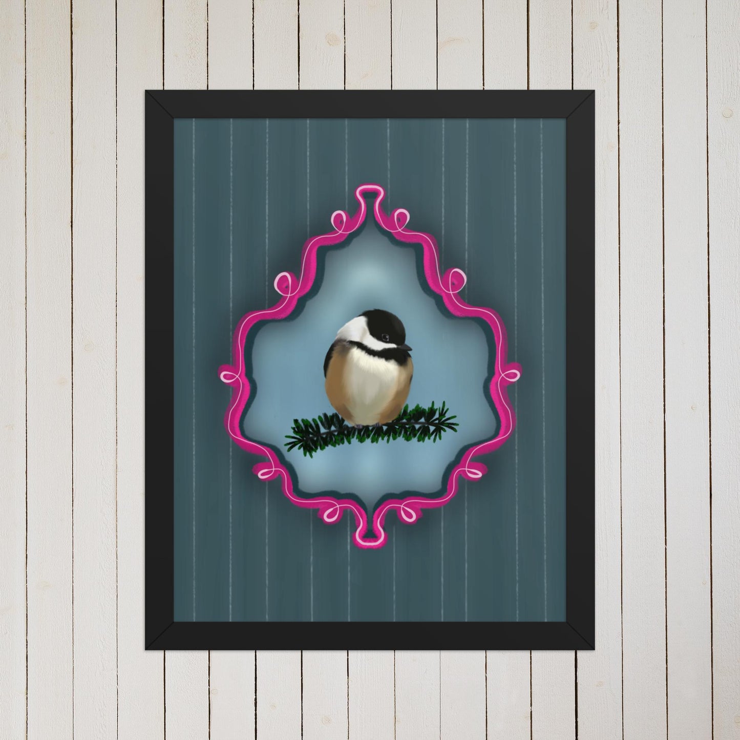 Chickadee on Pine Branch | Bird Portrait Digital Painting | Whimsical Bird Art | Dark Blue Pinstripe
