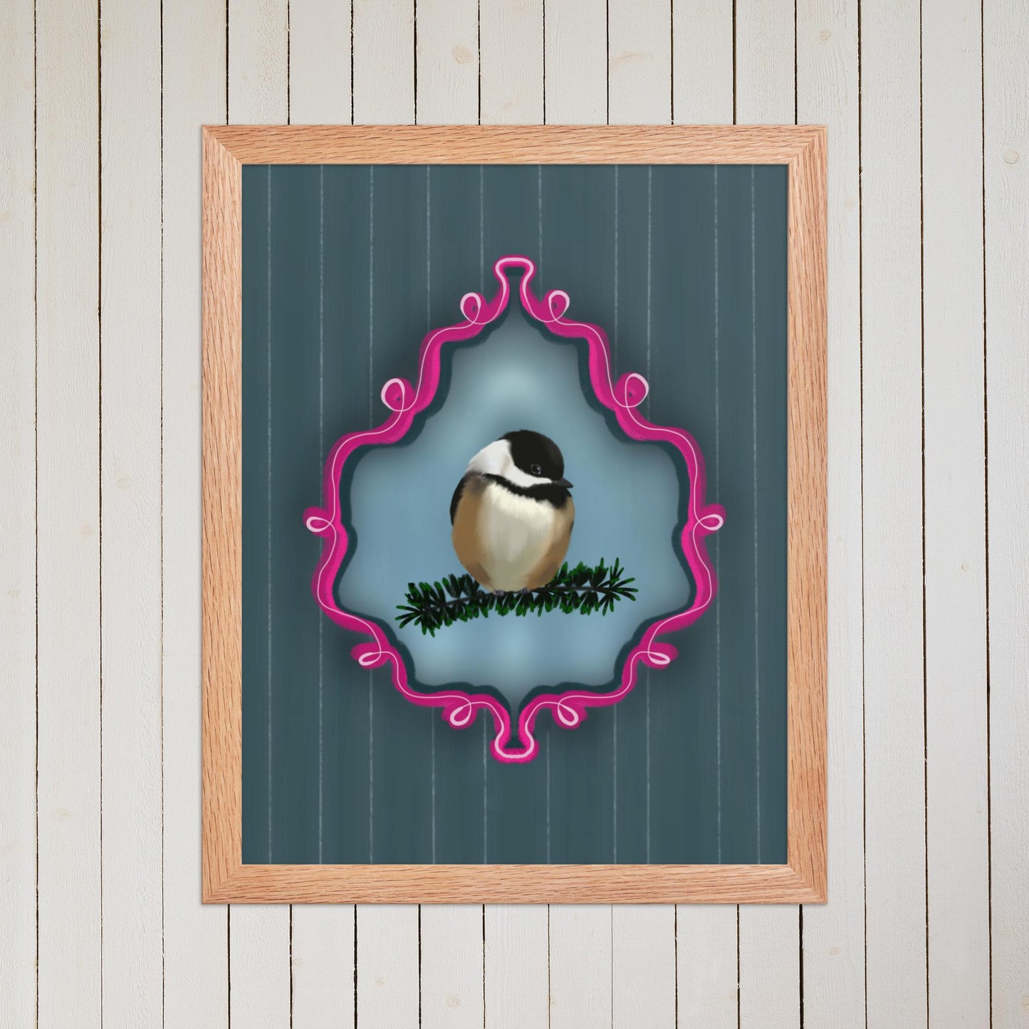 Chickadee on Pine Branch | Bird Portrait Digital Painting | Whimsical Bird Art | Dark Blue Pinstripe