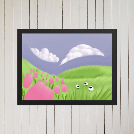 Whimsical Tulip Field Art Print: Pastel Spring Meadow Landscape