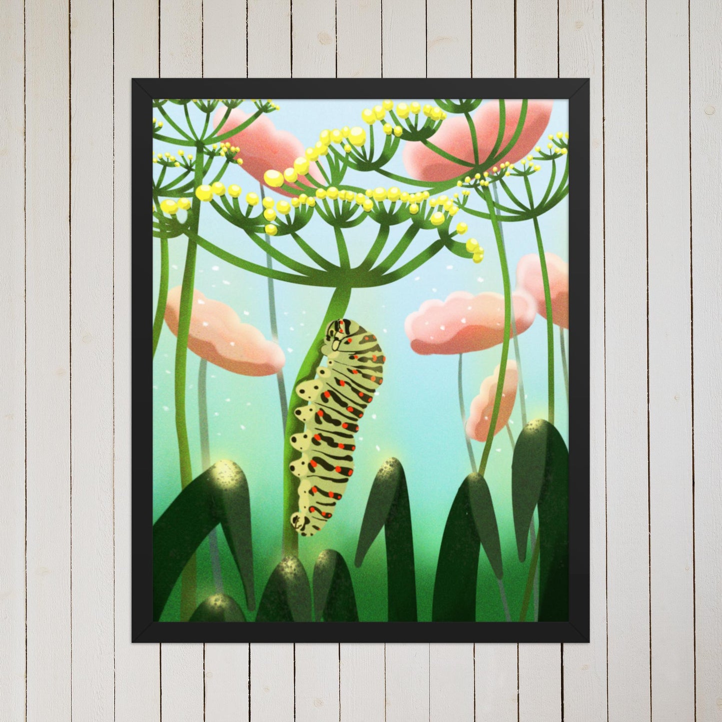 Caterpillar Art Print – Hand Painted Nature Illustration, Botanical Wall Decor, Kids Room Insect Art