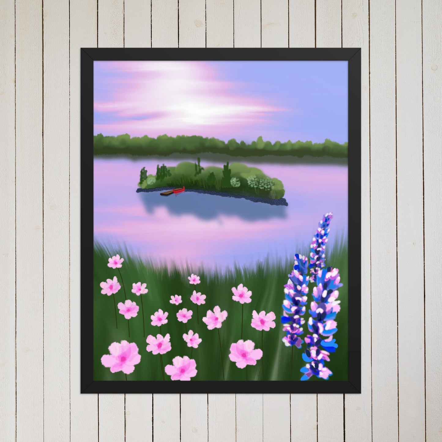 Pink Sky Lake Print: Red Canoe Landscape, Cottage Wall Art