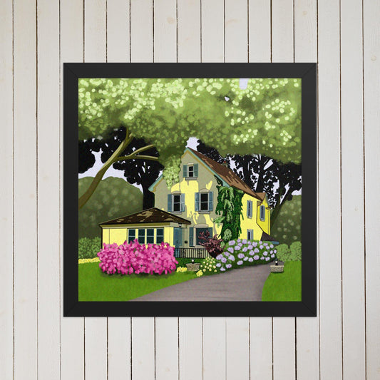 Yellow House Summer Garden Art Print – Hand Painted Countryside Home Wall Decor