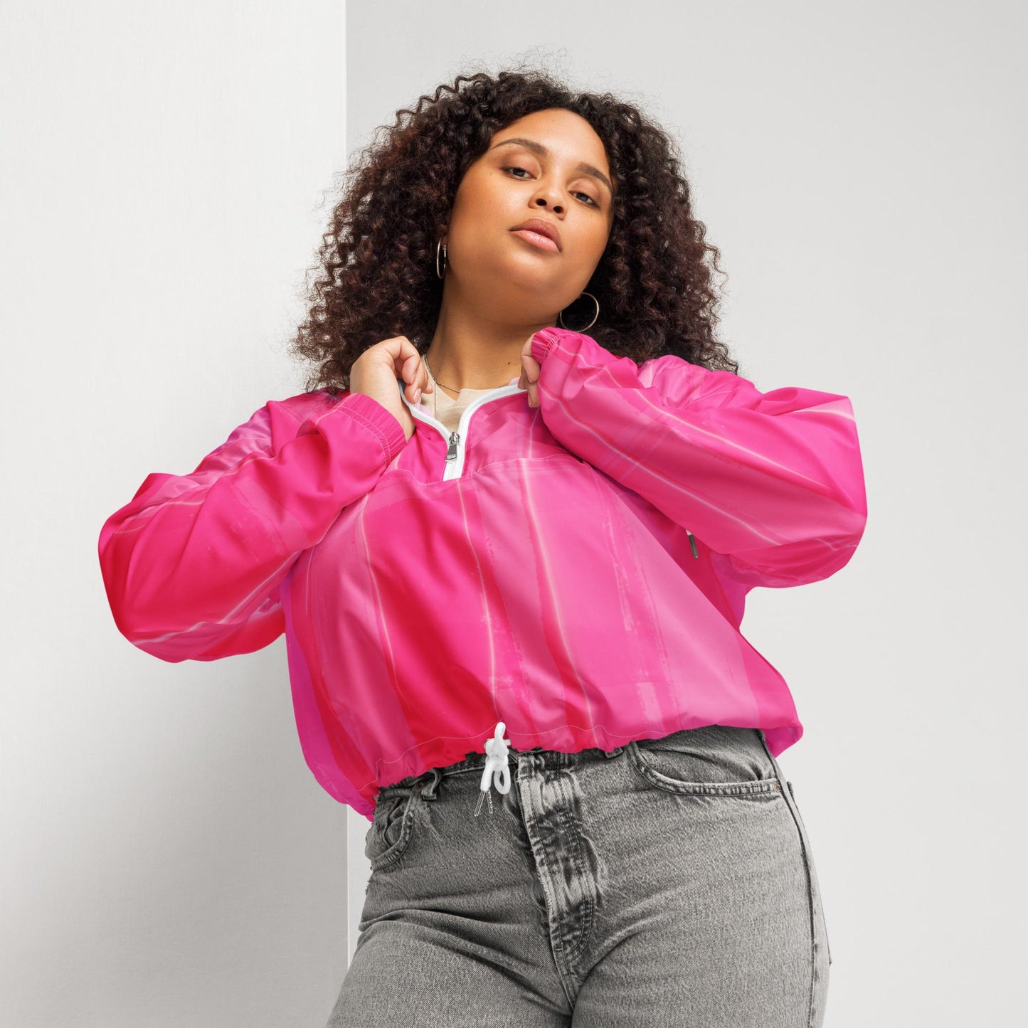 Hot Pink Cropped Windbreaker Hoodie – Women's Water-Resistant Athletic Jacket