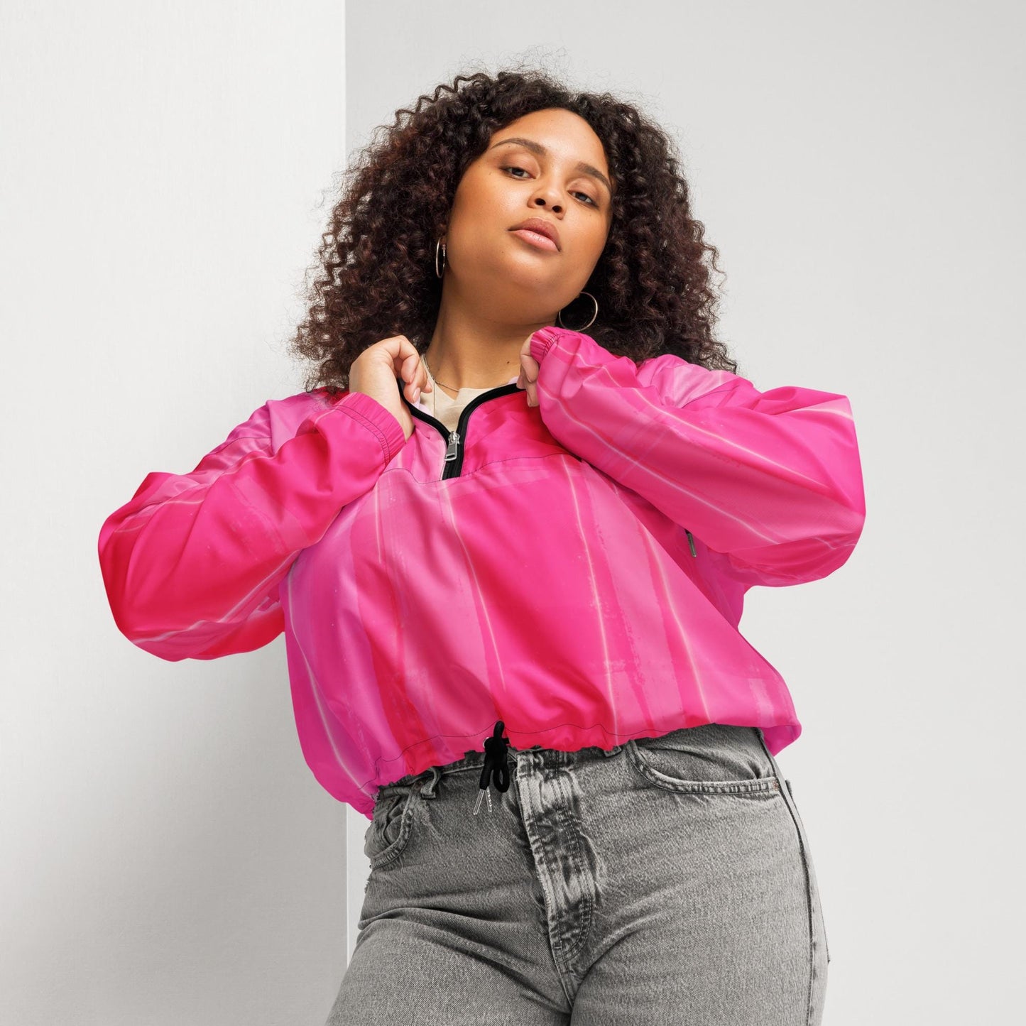 Hot Pink Cropped Windbreaker Hoodie – Women's Water-Resistant Athletic Jacket