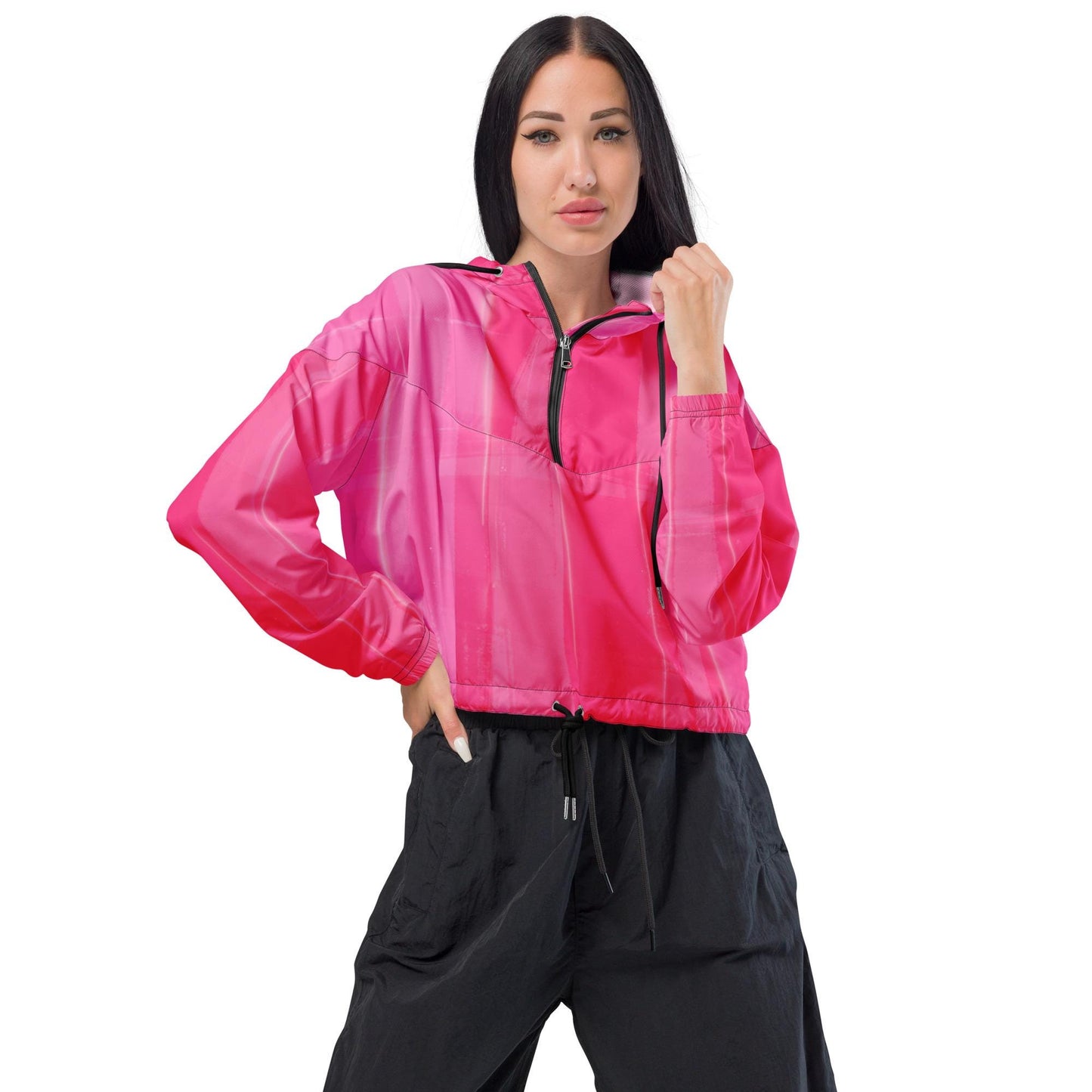 Hot Pink Cropped Windbreaker Hoodie – Women's Water-Resistant Athletic Jacket