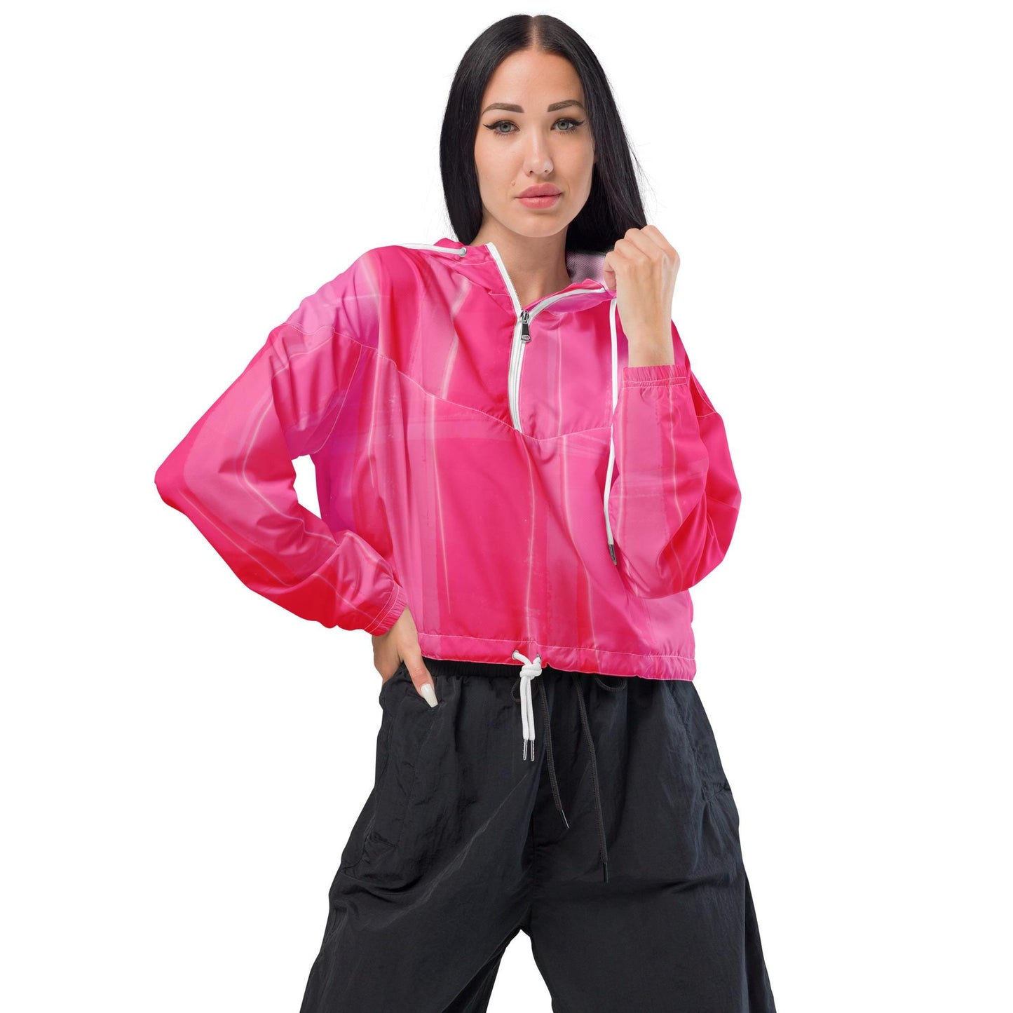 Hot Pink Cropped Windbreaker Hoodie – Women's Water-Resistant Athletic Jacket