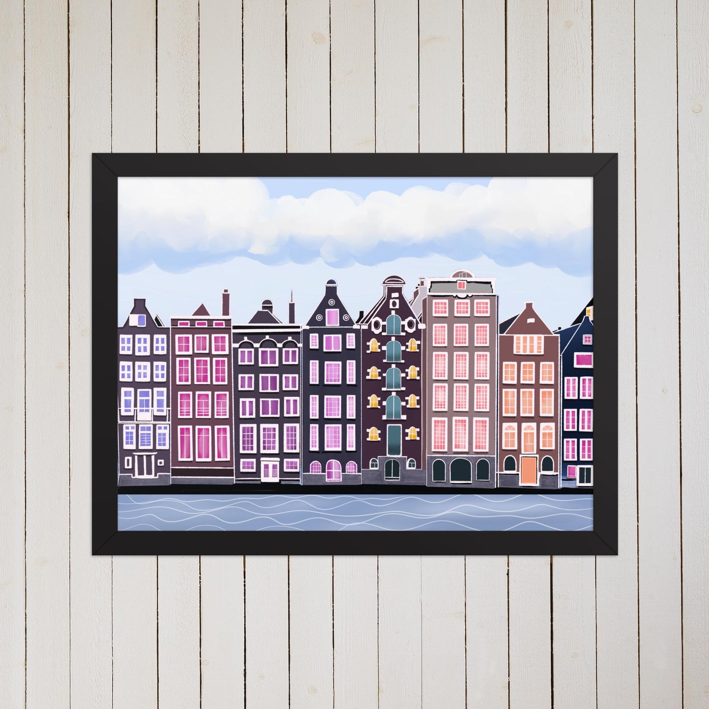 Amsterdam Canal Houses Print: Colorful Cityscape Illustration, Travel Decor