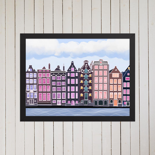 Amsterdam Canal Houses Print: Colorful Cityscape Illustration, Travel Decor