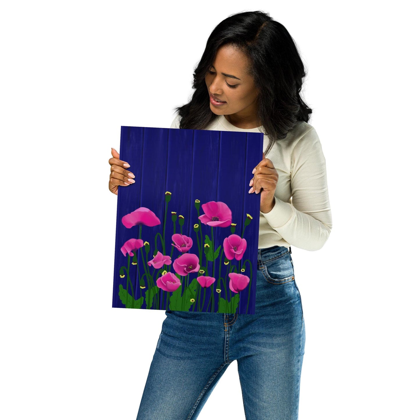 Pink Poppy Garden Art Print: Blue Fence Floral Wall Decor