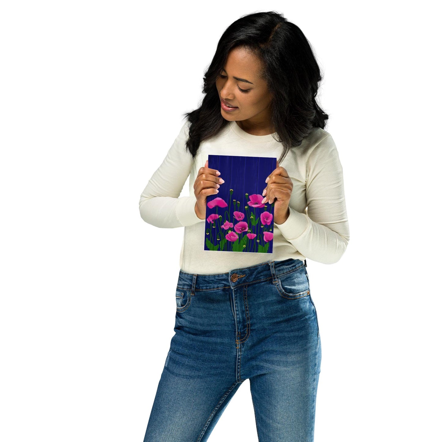 Pink Poppy Garden Art Print: Blue Fence Floral Wall Decor