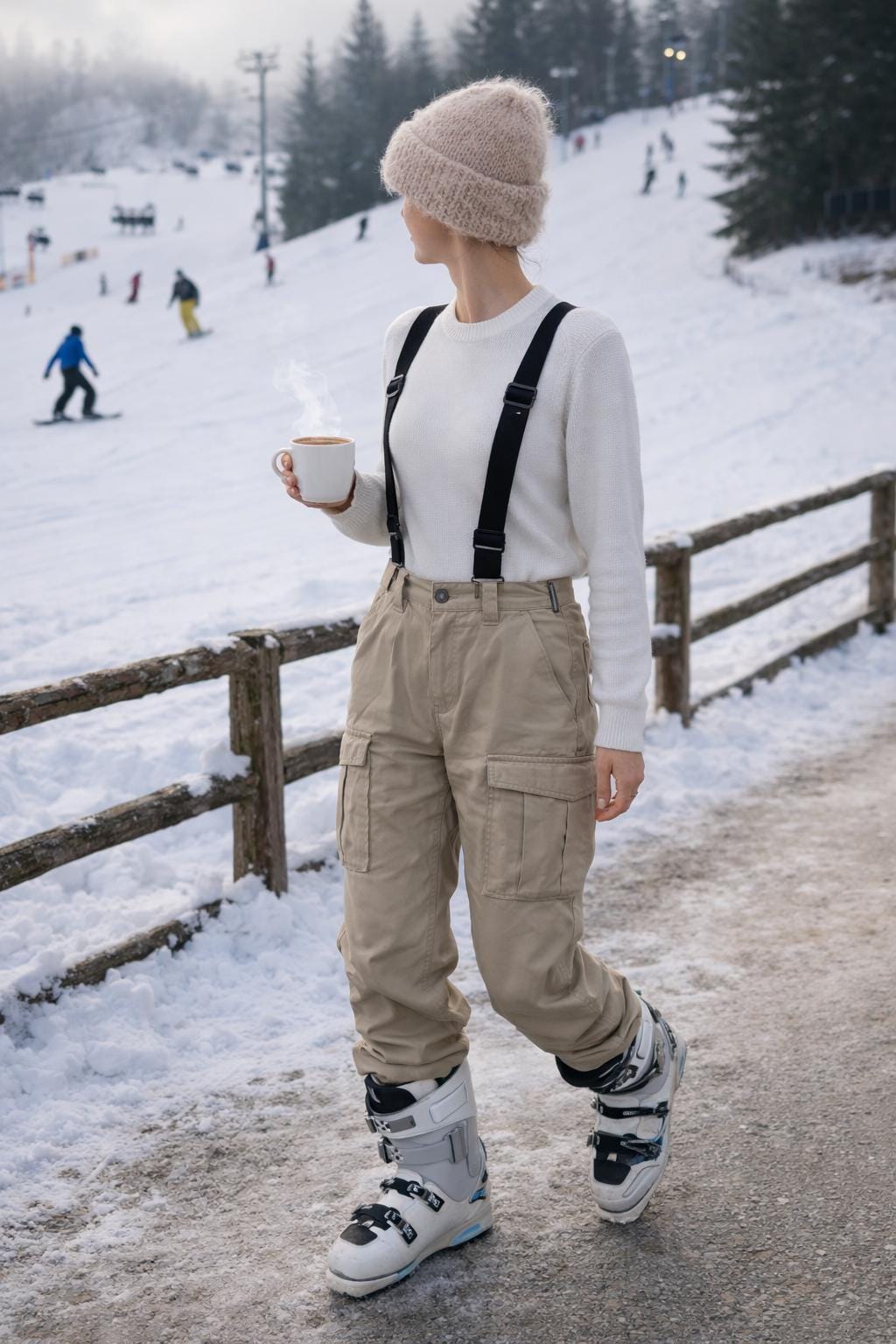 Person in winter attire with a snowy landscape and skiers in the background