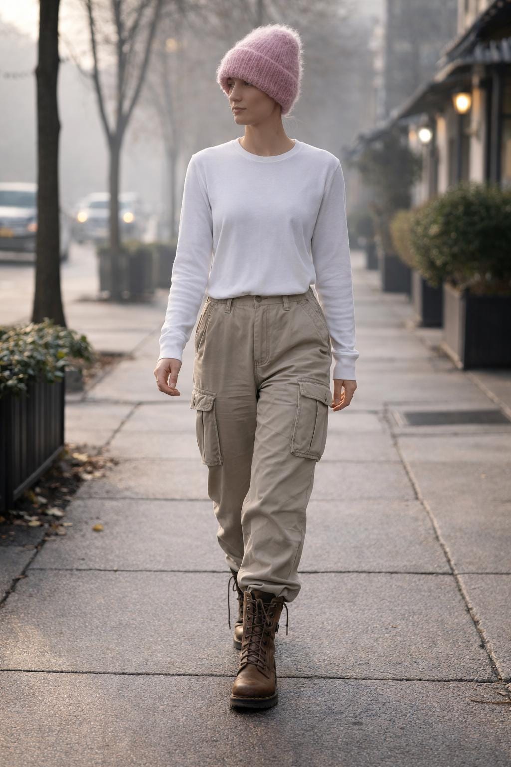 Person walking on a city street wearing a pink beanie, light gray sweater, beige cargo pants, and brown boots.