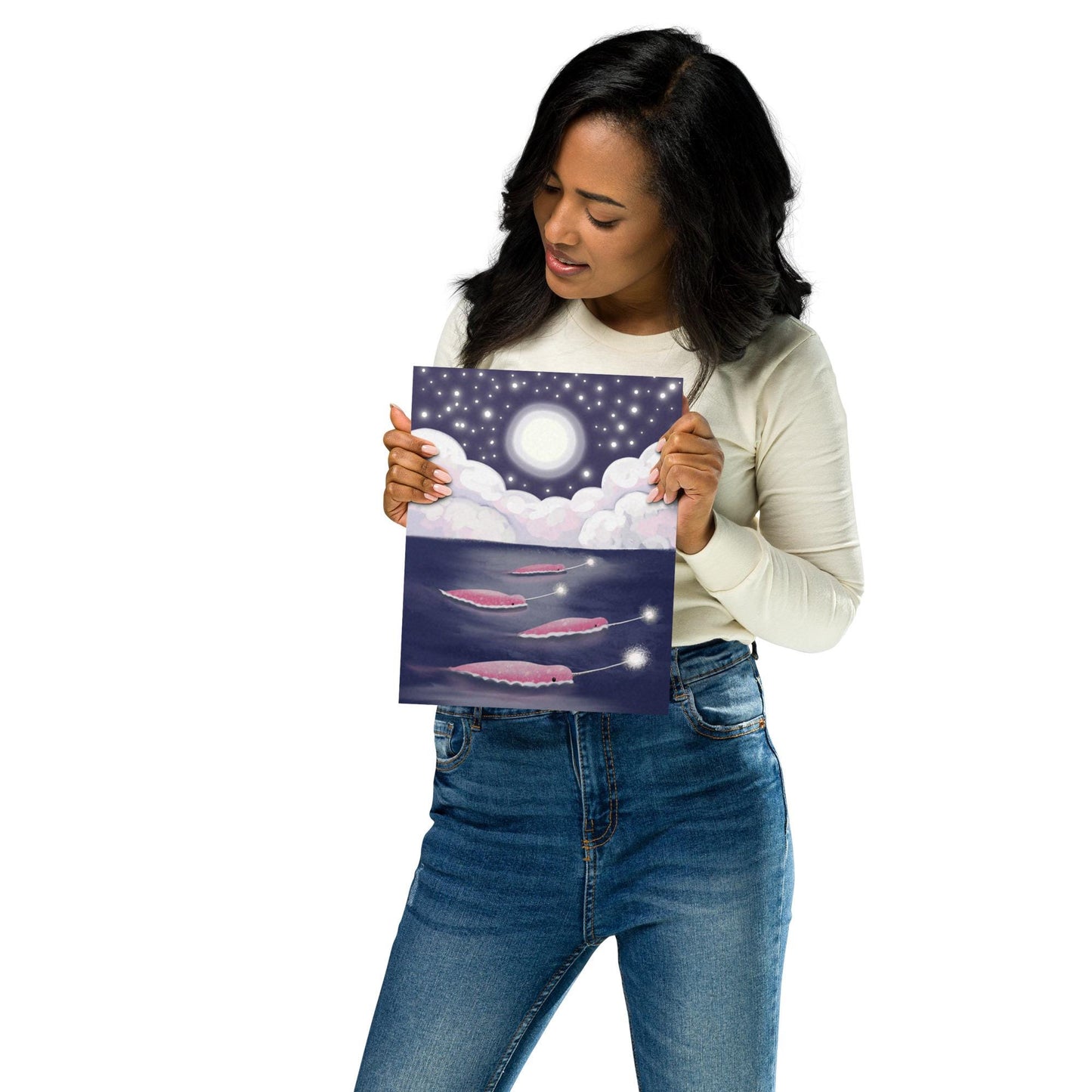 Magical Narwhals Under the Stars – Hand Painted Ocean Art Print