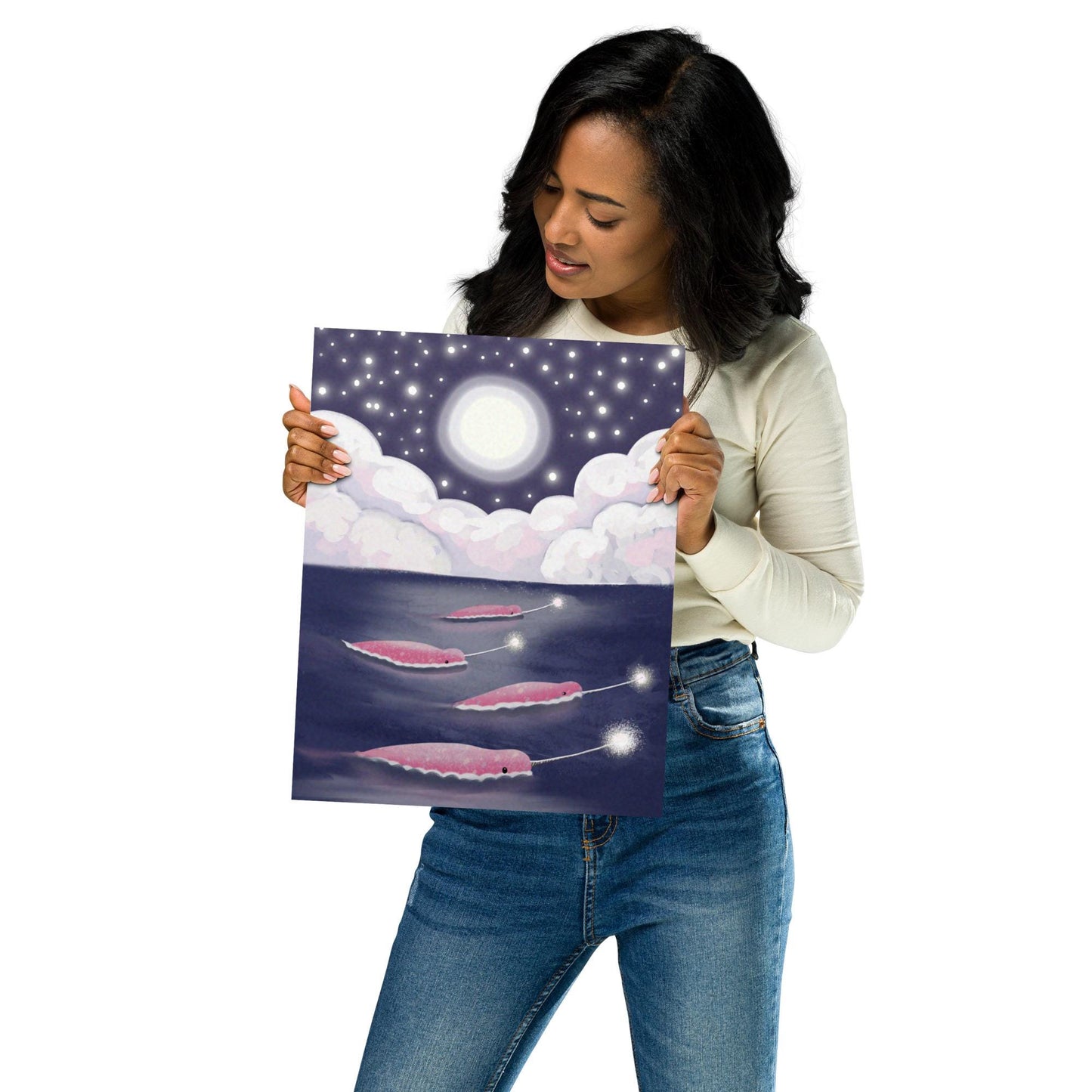 Magical Narwhals Under the Stars – Hand Painted Ocean Art Print