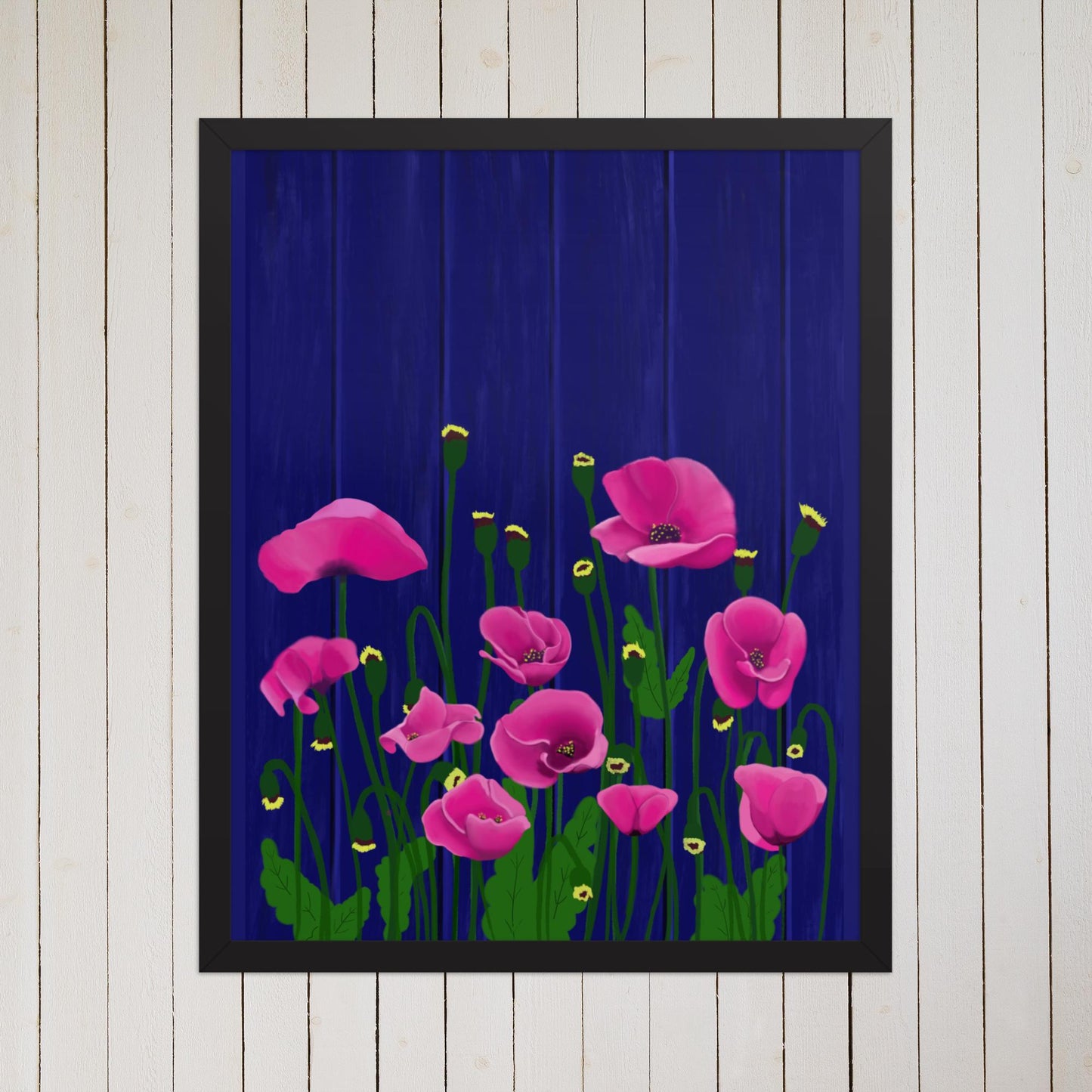Pink Poppy Garden Art Print: Blue Fence Floral Wall Decor