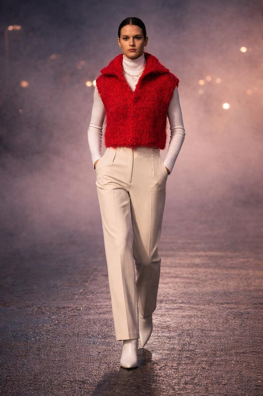 Hand-Knit Red Mohair Vest: Cropped V-Neck, Roll Collar