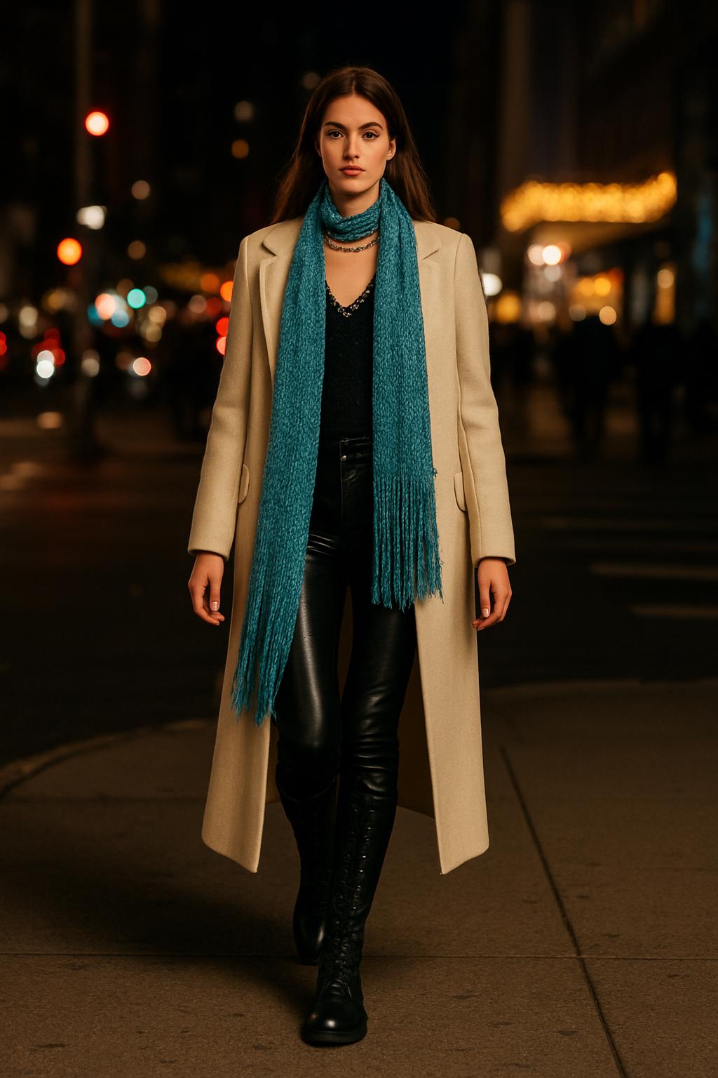 Teal Blue Crocheted Chainmail Scarf: Shimmery Metallic Tassel Shawl