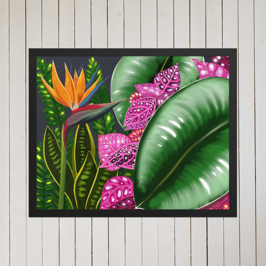 Tropical Garden Art Print, Hand Painted Botanical Wall Art, Colourful Illustration, Modern Nature Artwork, Pink Green Floral Decor