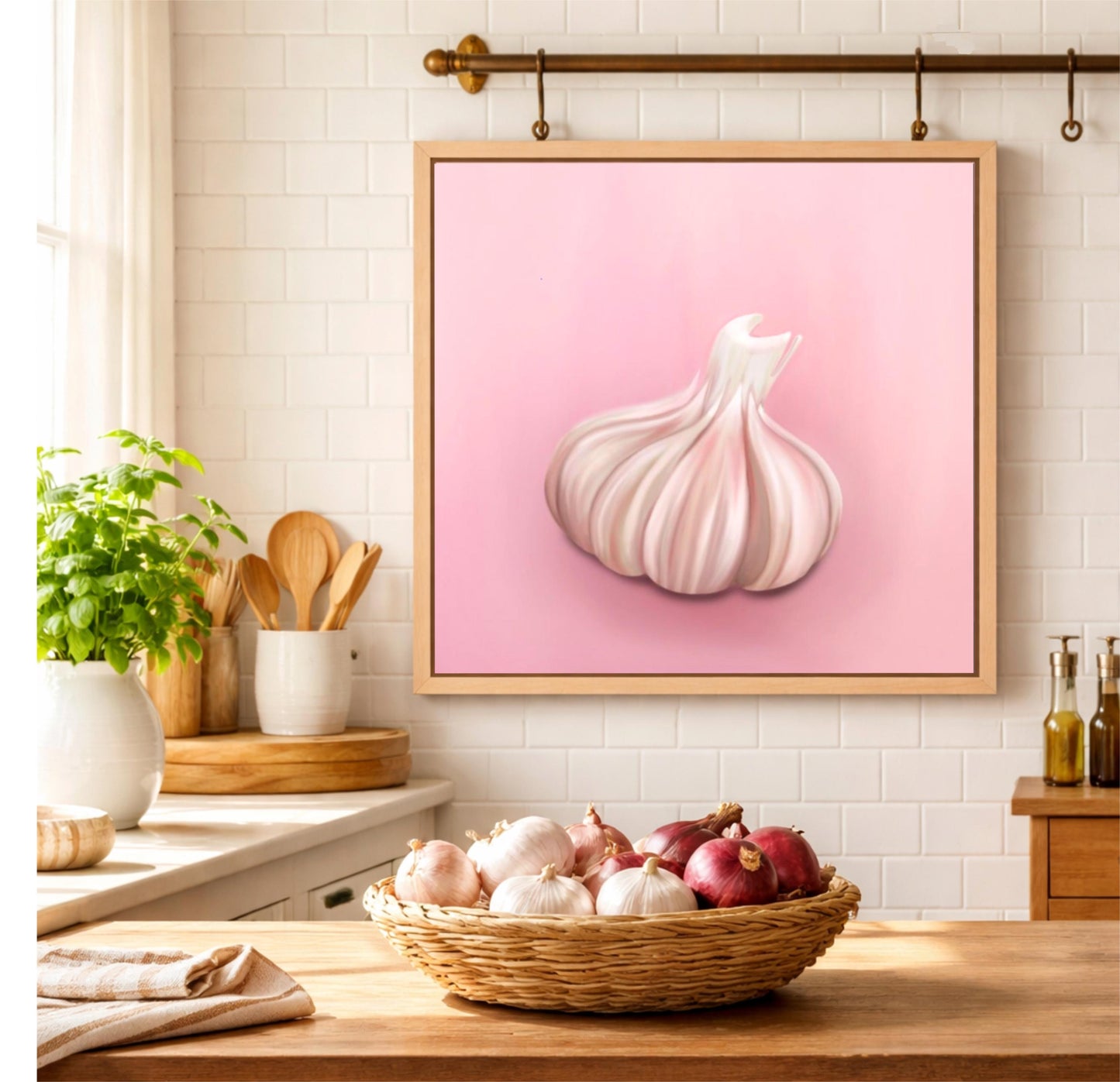 Pink Garlic Bulb Framed Digital Art • Kitchen Wall Decor • Hand‑Painted Food Poster