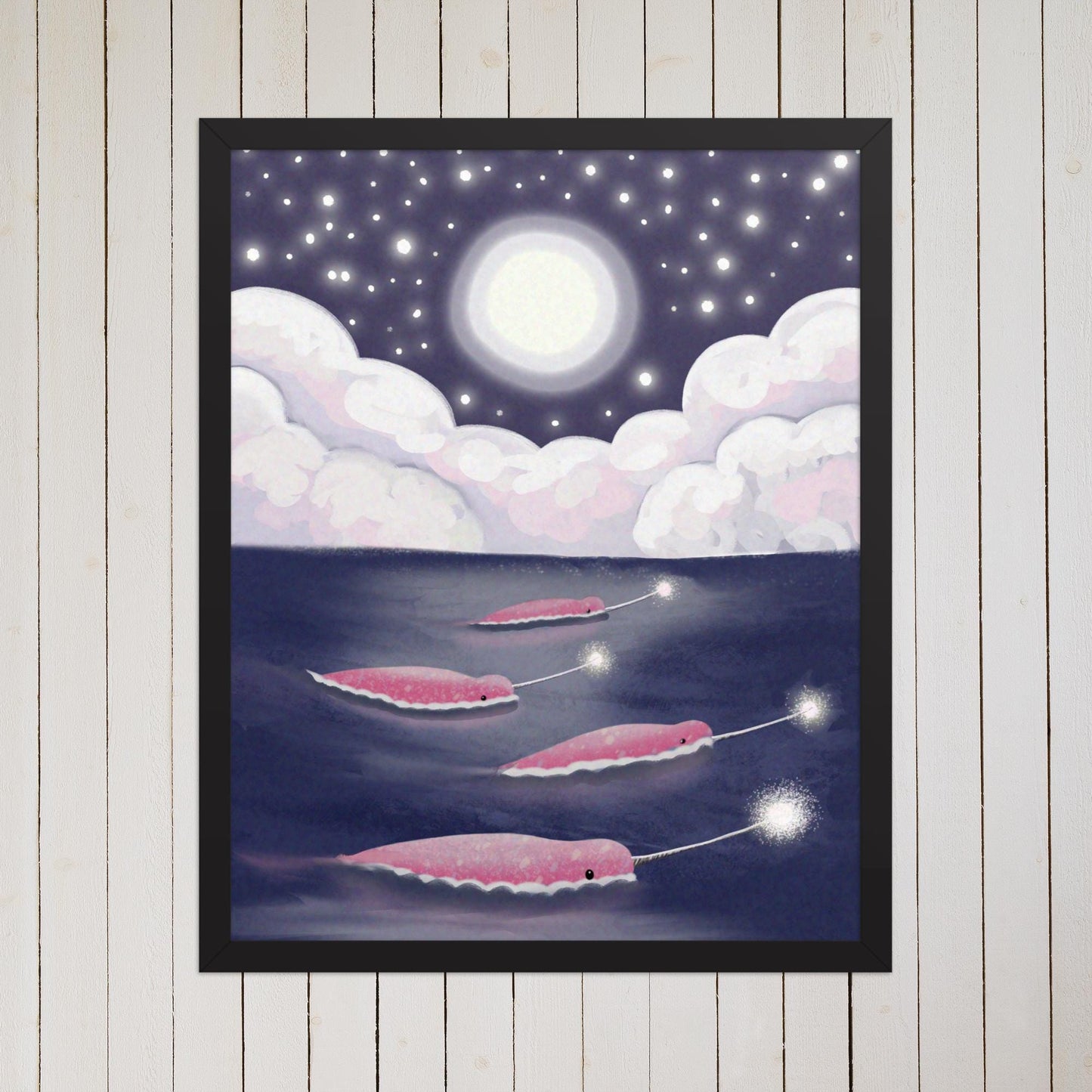 Magical Narwhals Under the Stars – Hand Painted Ocean Art Print