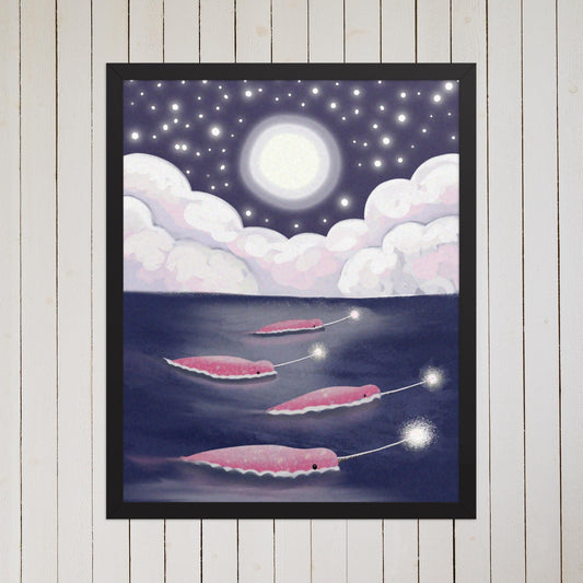Magical Narwhals Under the Stars – Hand Painted Ocean Art Print