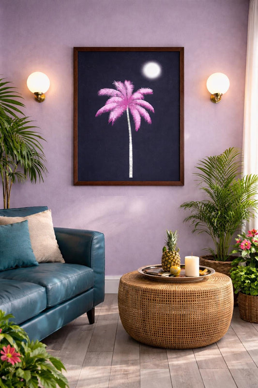 Pink Palm Tree Art Print: Tropical Night Scene, Coastal Boho Wall Decor