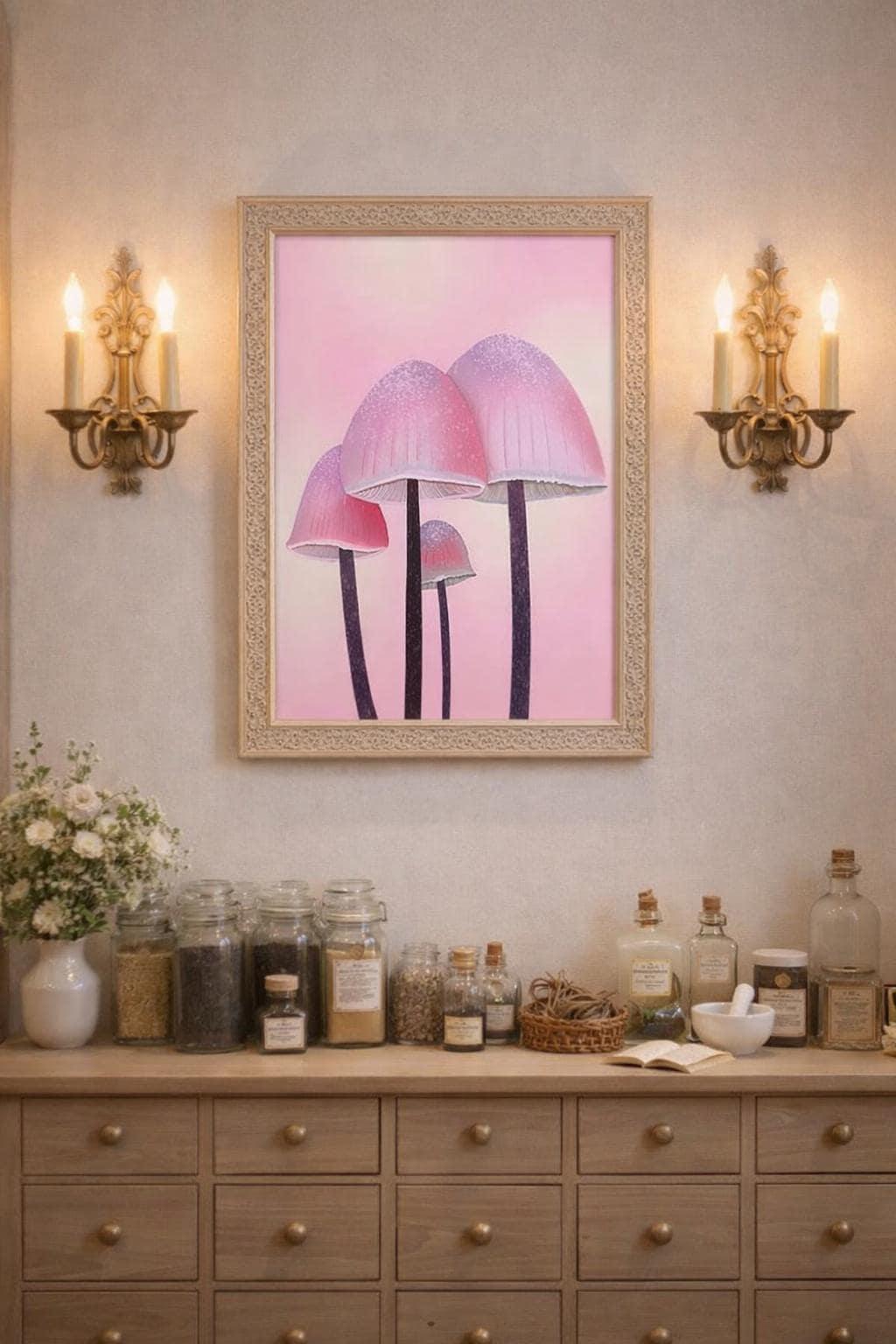 Pink Mushroom Art Print: Whimsical Fungi Botanical Decor