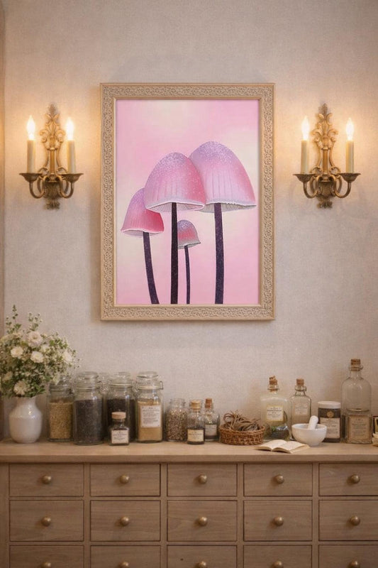 Pink Mushroom Art Print: Whimsical Fungi Botanical Decor