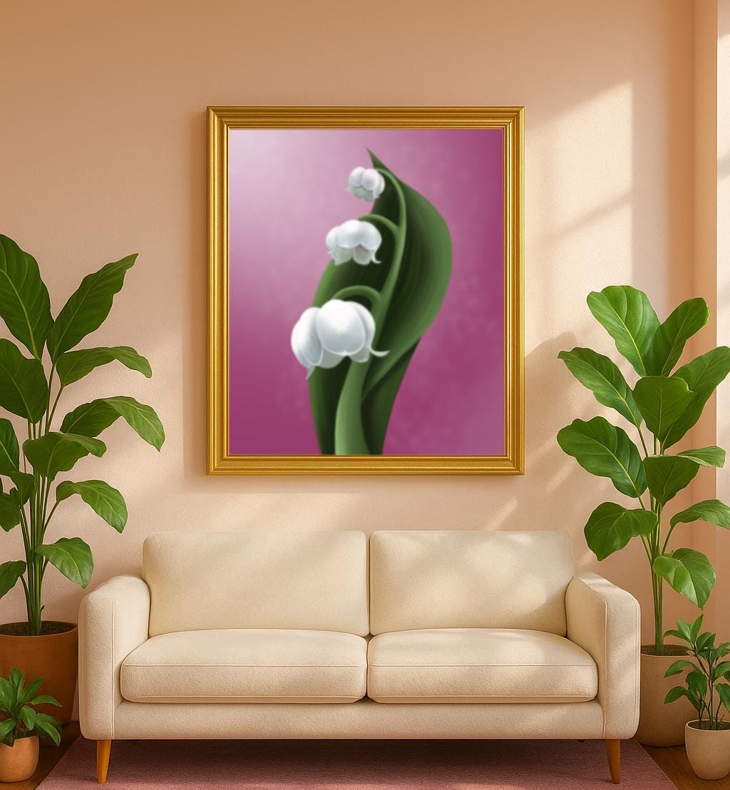 Lily of the Valley Wall Art Print – Hand Painted Botanical Illustration on Pink Background