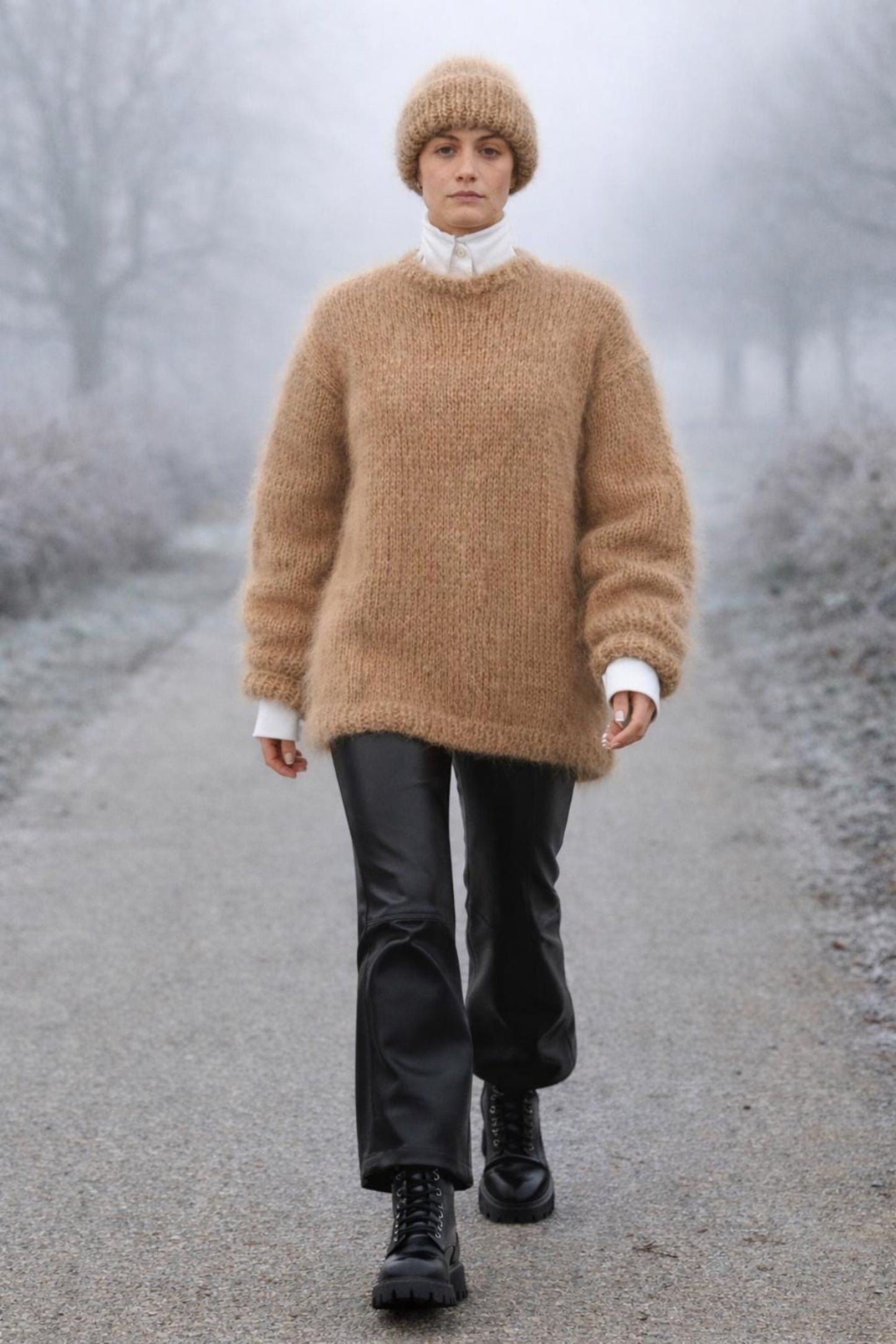 Hand-Knit Mohair Pullover: Oversized Crew Neck Sweater, Cuffed Sleeves