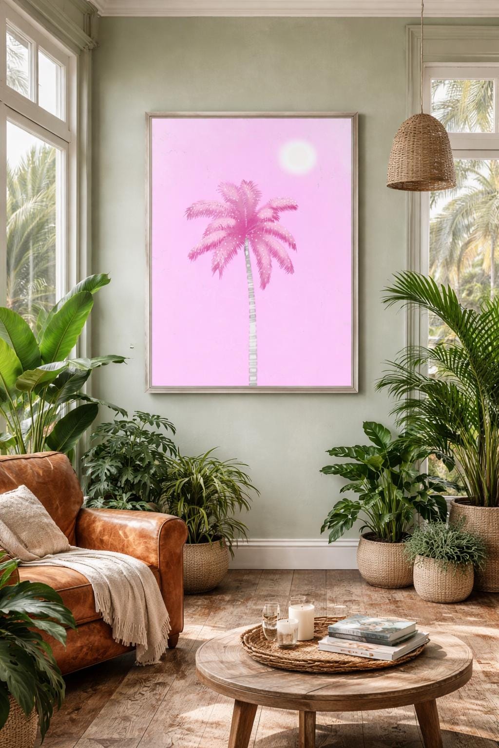 Pink Palm Tree Art Print – Tropical Minimalist Wall Decor in Pastel Pink